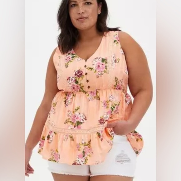 Torrid 3X Peach Floral Sleeveless Peplum Blouse Top Lace Trim Ruffle Hem - Picture 1 of 11